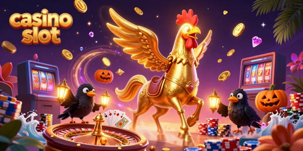 Experience thrilling casino slot action with a golden rooster and spectral horse in a vibrant casino