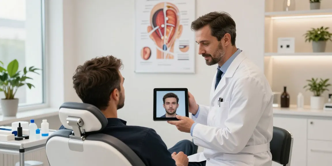 Hair transplant turkey consultation with expert surgeon in modern clinic.
