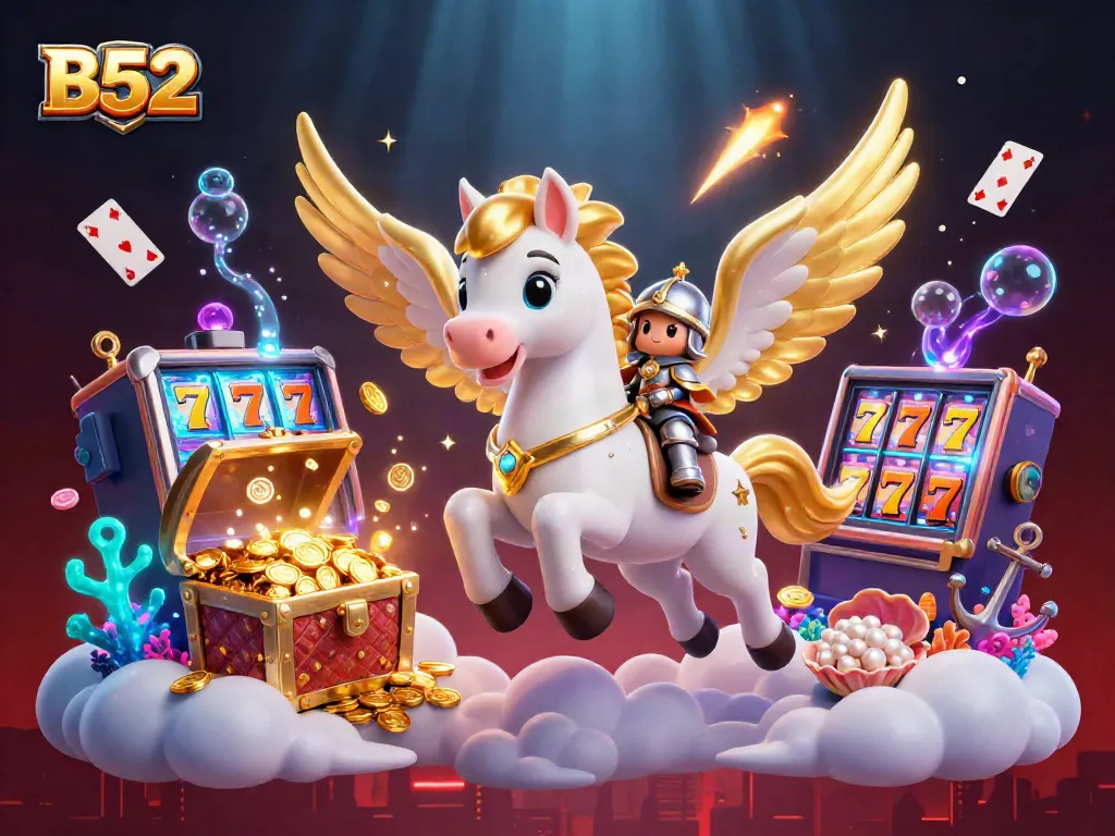 Experience thrilling B52 slots with a celestial horse and gold coins in this vibrant casino illustration.