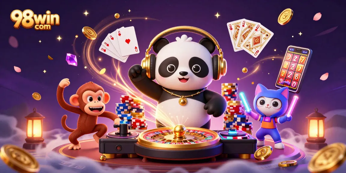 Experience excitement at 98win com with a lively digital casino scene featuring a DJ panda.