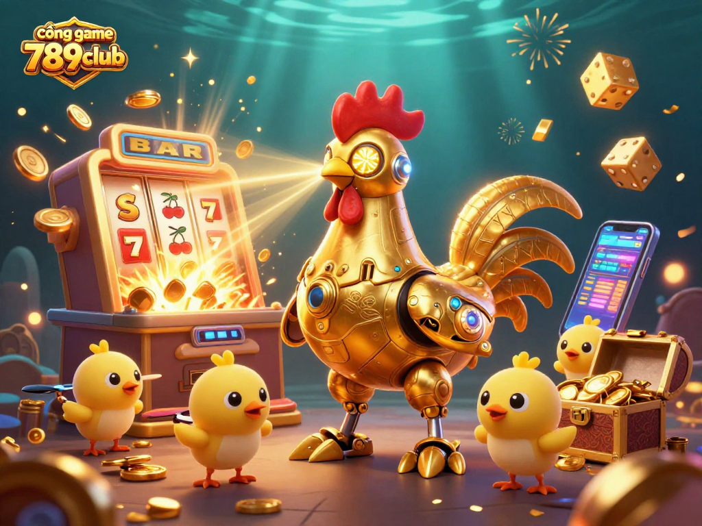 Engage with the cổng game 789club through a vibrant, energetic 3D illustration featuring a golden rooster robot and playful chick drones.