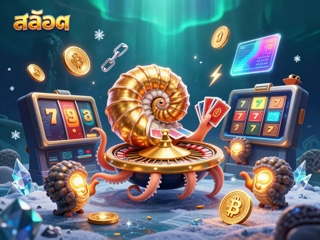 Enjoy thrilling slots gameplay with our vibrant nautilus character holding cards and surrounded by shimmering coins.