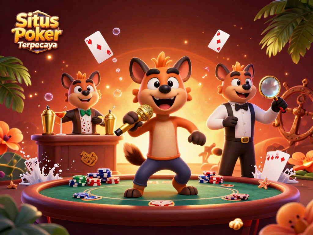 Experience the excitement of Situs Poker Terpercaya with live action at a vibrant casino scene featuring hyenas.