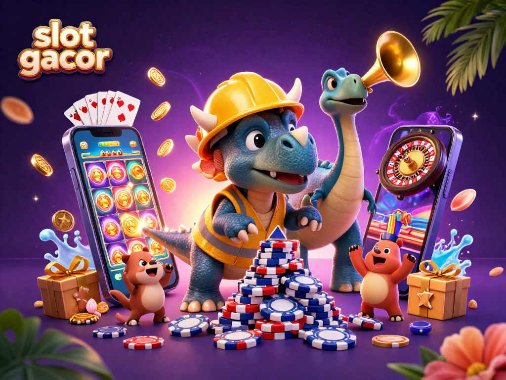 Rasakan pengalaman slot gacor dengan ilustrasi dinamis triceratops dan parasaurolophus.