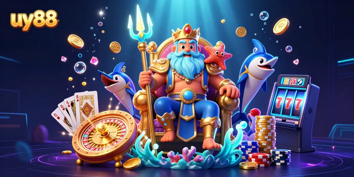 Win big with uy88 in an immersive 3D casino world featuring Neptune and vibrant game elements.