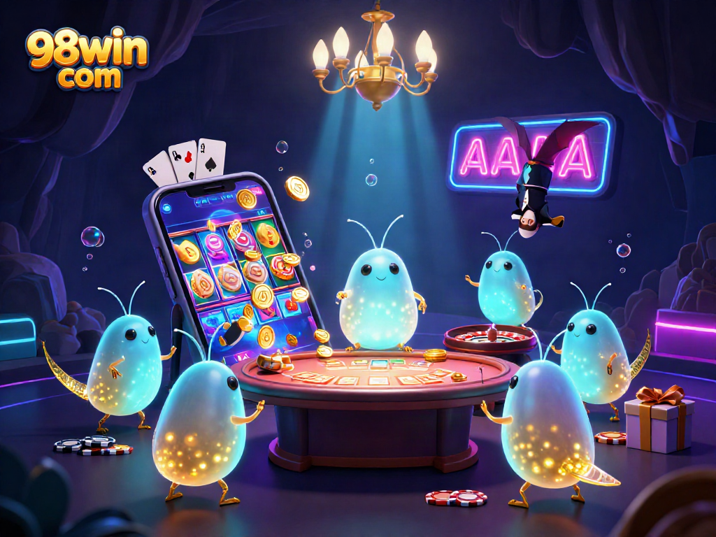 Experience excitement with 98win com as glowworms illuminate a vibrant cave casino.