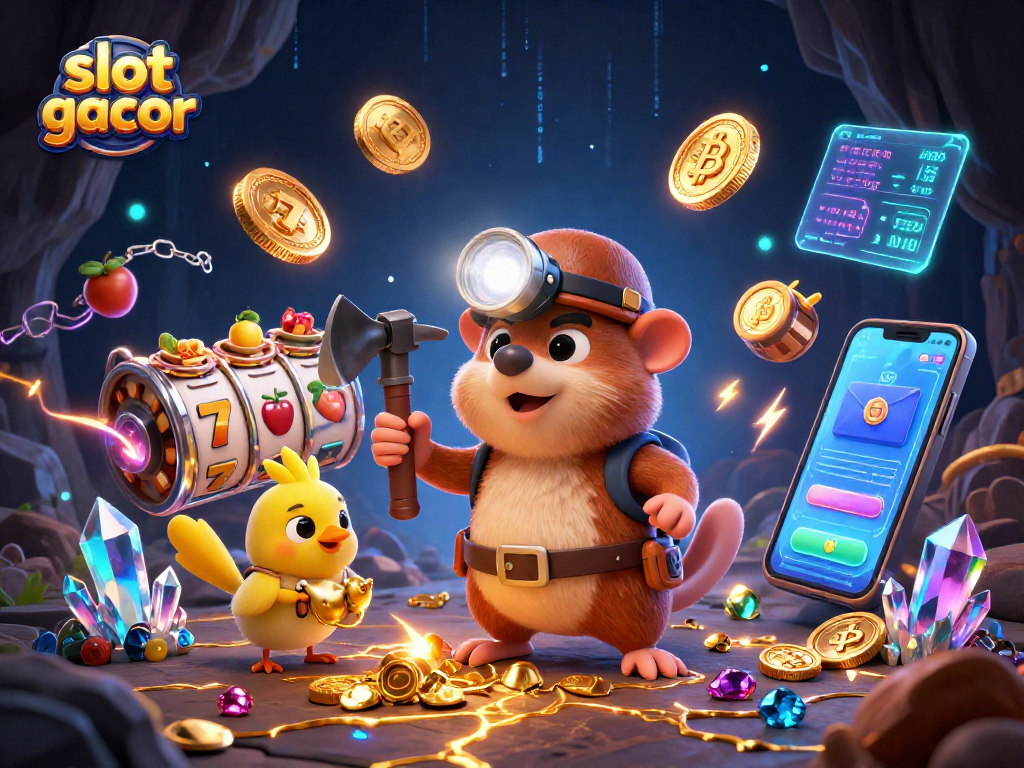 Slot gacor menampilkan karakter mole berburu harta dalam suasana tambang emas penuh simbol dan mata uang crypto