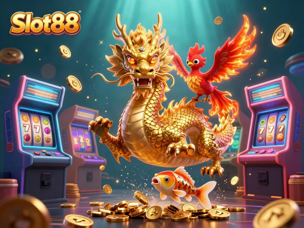 Experience the thrill of Slot88 with a vibrant illustration of a dragon, phoenix, and koi fish amidst casino games.