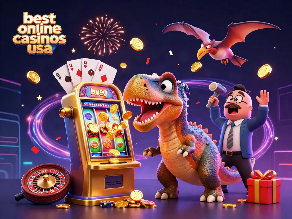 Experience the best online casinos usa with a fun scene of dinosaurs and gaming action!