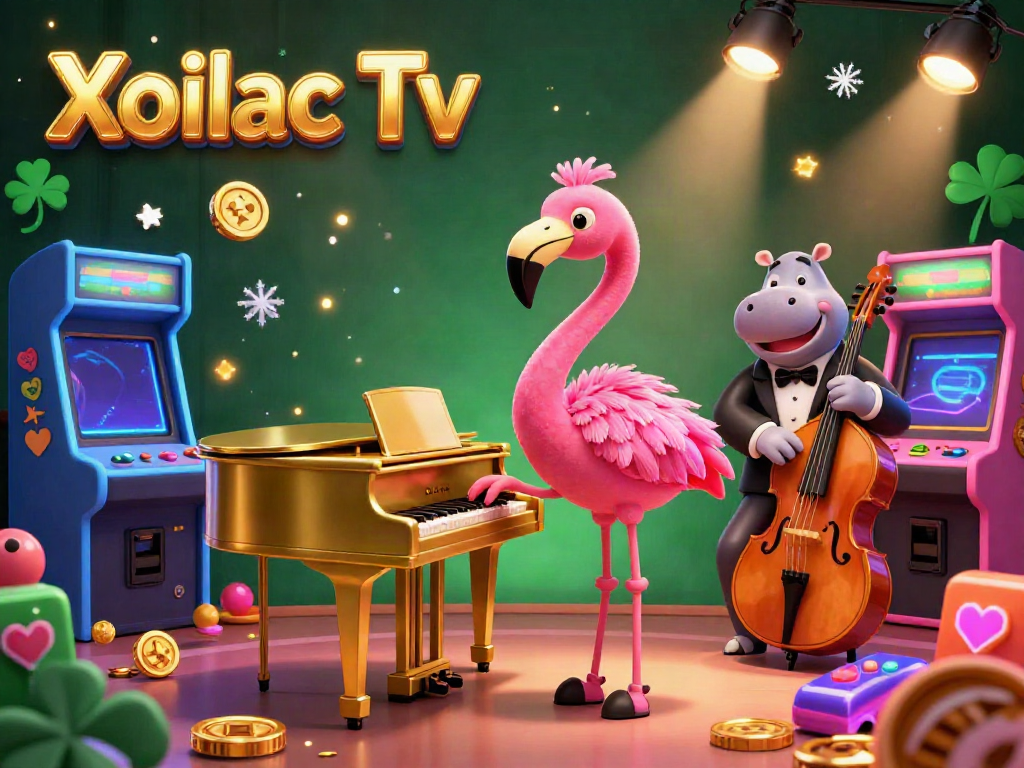 Xoilac Tv offers an exhilarating casino experience with 3D flamingo and hippo musicians, surrounded by vibrant gaming elements.
