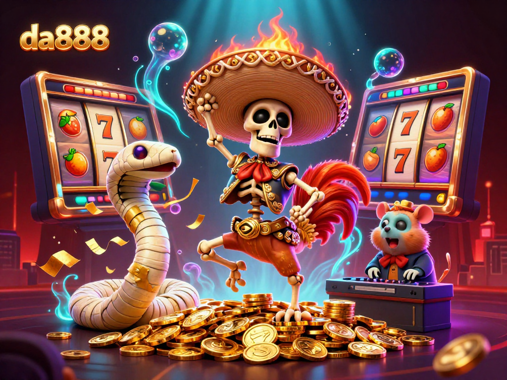 Experience the excitement of da888 with a vibrant 3D casino illustration full of slots elements.