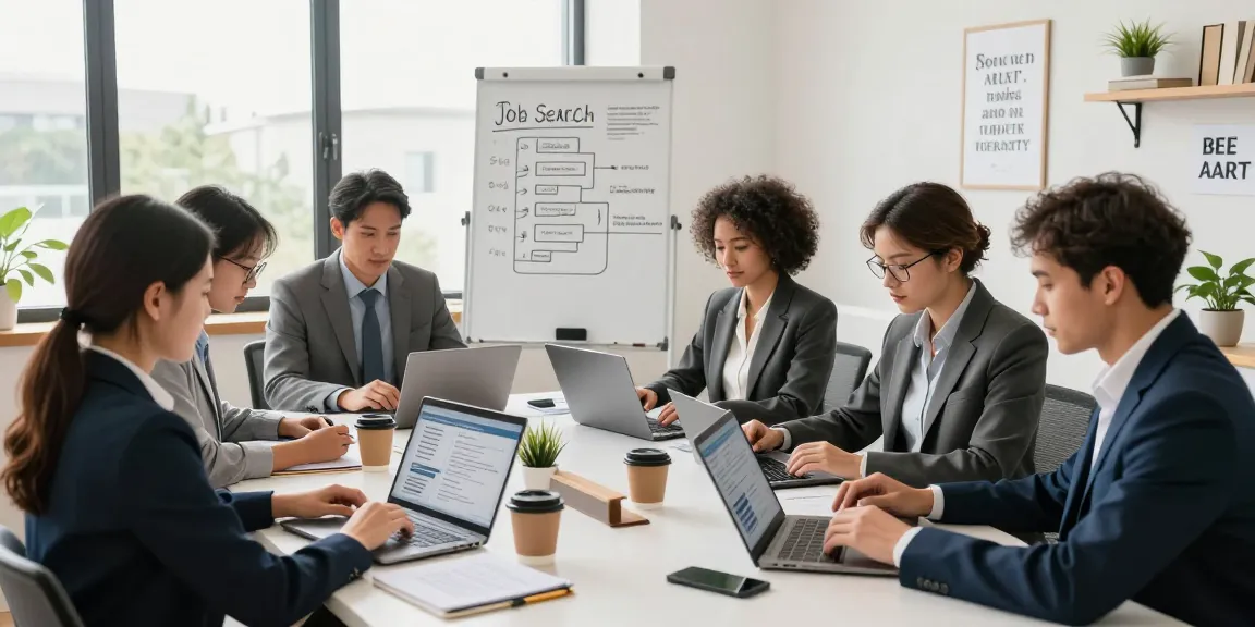 Job seekers collaborating in a modern workspace while หางาน effectively.