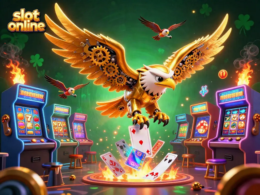 Menangkan slot online dengan memutar roda jackpot dan simbol keberuntungan dalam ilustrasi 3D yang dinamis.