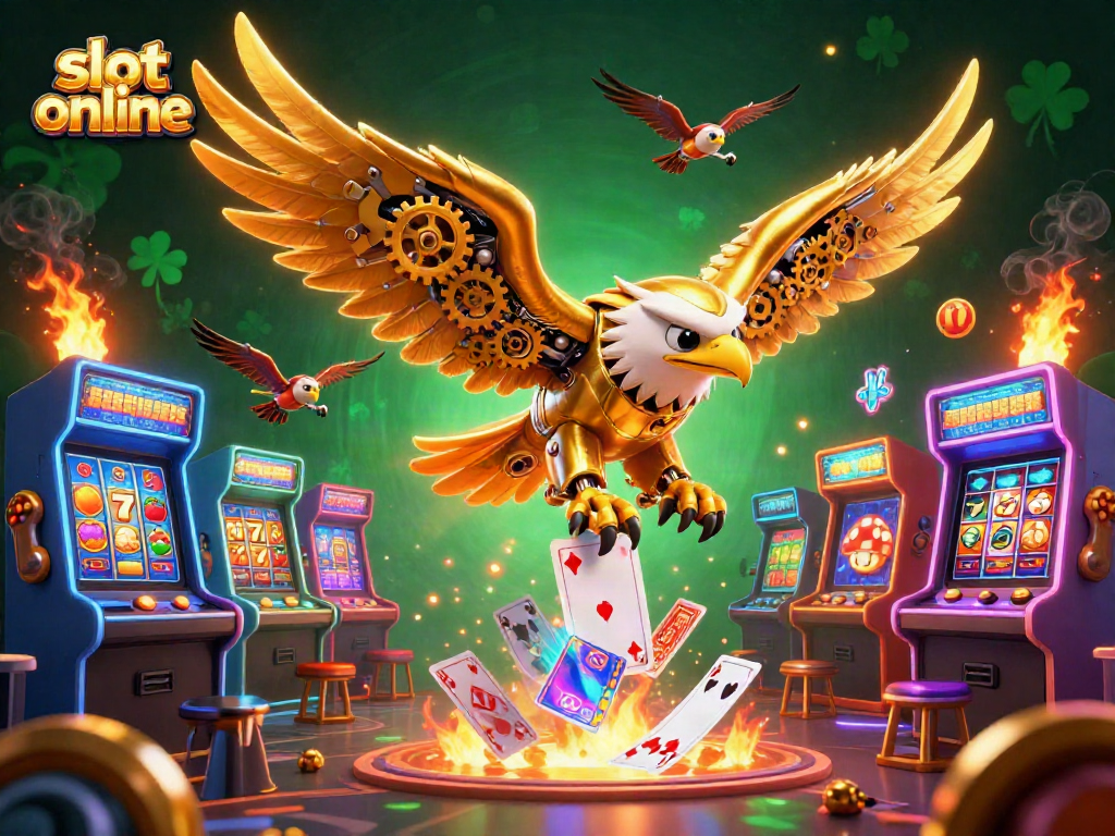 Menangkan slot online dengan memutar roda jackpot dan simbol keberuntungan dalam ilustrasi 3D yang dinamis.