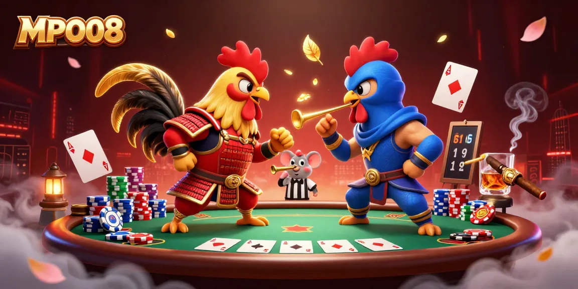 MPO08 showcases a fierce duel between roosters in a vibrant casino setting, emphasizing poker excitement.