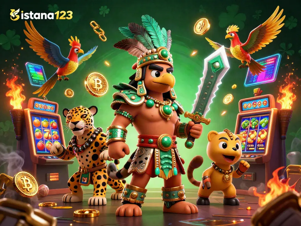 Memenangkan permainan di istana123 dengan simbol slot dan karakter Aztec dalam latar yang menarik.