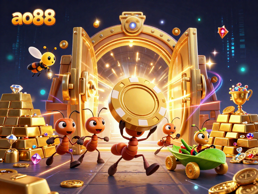 Engage in exhilarating gaming at ao88 with a vibrant 3D illustration showcasing a casino heist by cartoon ants.