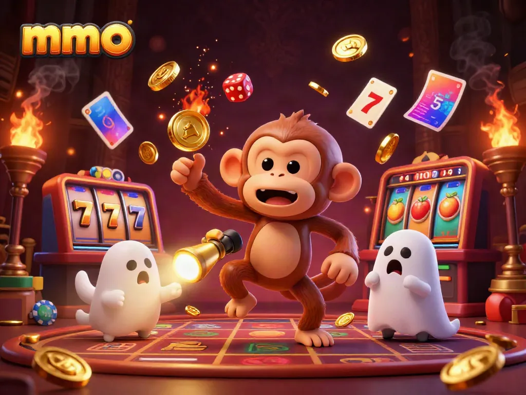 Experience the playful mmoo poltergeist monkey juggling golden coins in a vibrant haunted casino.