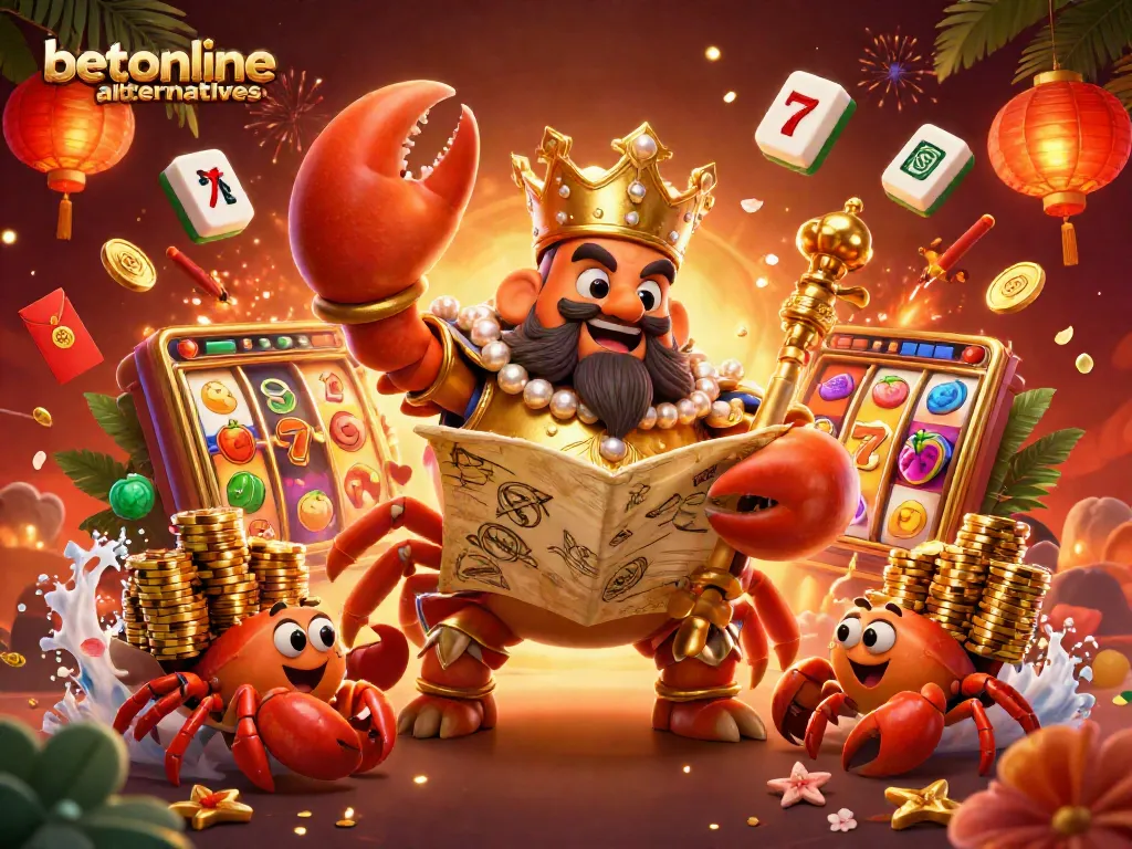 Experience thrilling gameplay with betonline alternatives featuring a golden crab emperor and vibrant slot elements.