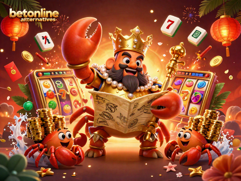 Experience thrilling gameplay with betonline alternatives featuring a golden crab emperor and vibrant slot elements.