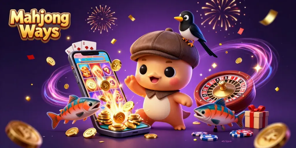 Experience Mahjong Ways with vibrant characters and exciting casino elements in a playful 3D illustration.