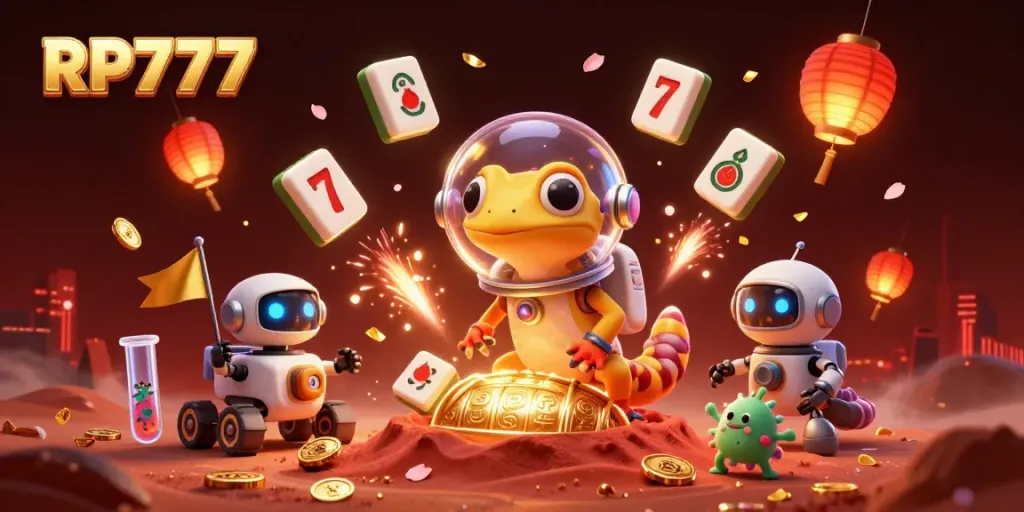 RP777 Martian gecko exploring a golden casino with slot reels and colorful game elements in an exciting scene.