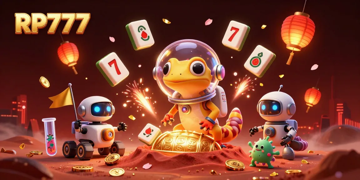 RP777 Martian gecko exploring a golden casino with slot reels and colorful game elements in an exciting scene.
