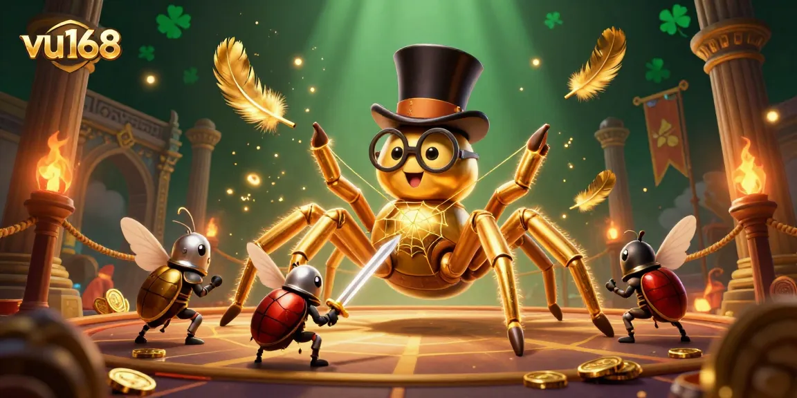 Engage with vu168 in this vibrant 3D illustration featuring a golden tarantula and a brave beetle knight in a casino setting.