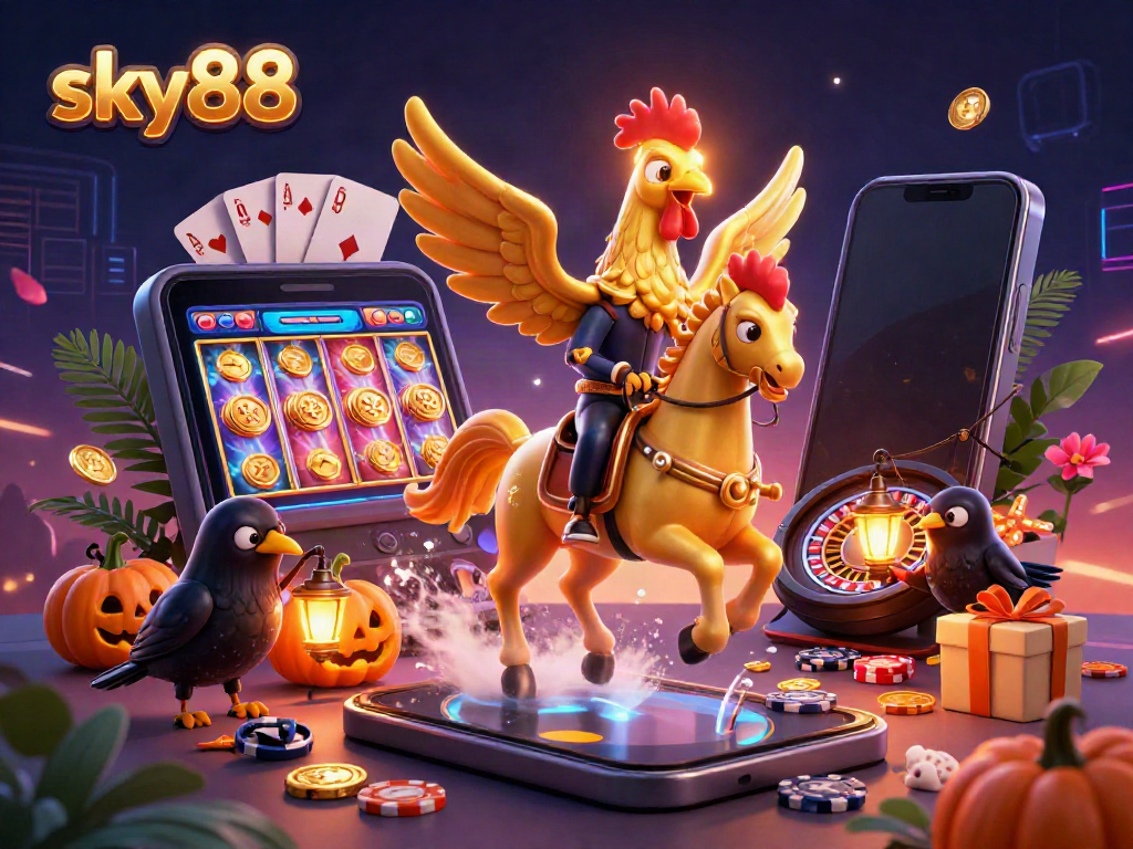 Engage with sky88's dynamic gaming experience featuring a golden rooster in a vibrant casino scene.