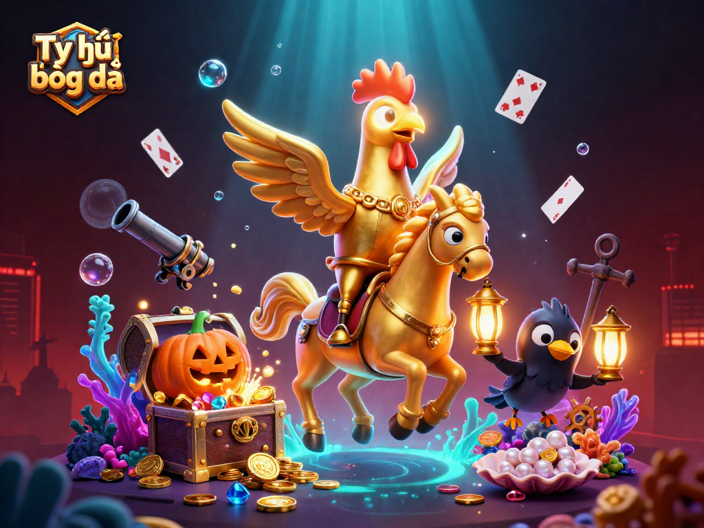 Tỷ lệ bóng đá visualizes an engaging casino atmosphere with lively characters and colorful gaming elements.