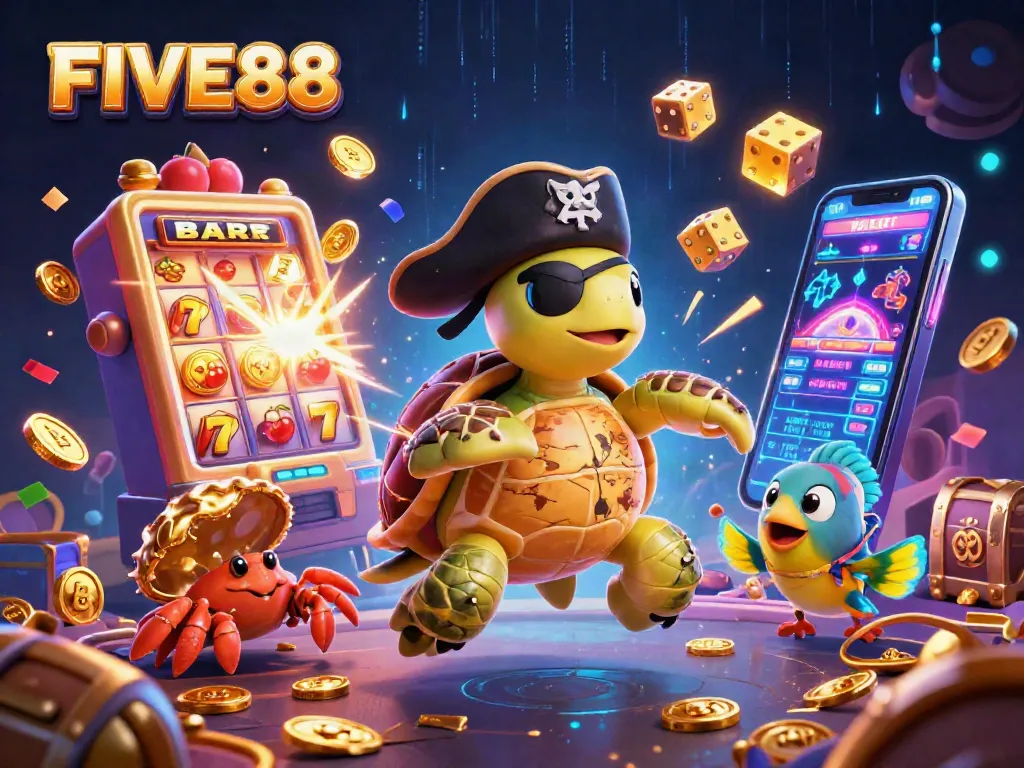 Spin and win at FIVE88 with an exciting 3D casino scene featuring colorful characters and treasure elements.