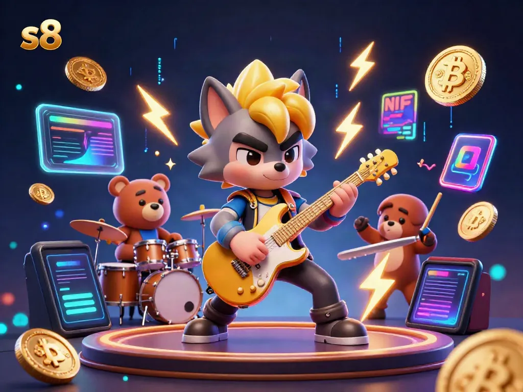 Experience a thrilling s8 casino performance with rock star wolf and drummer bear amidst vivid digital effects.