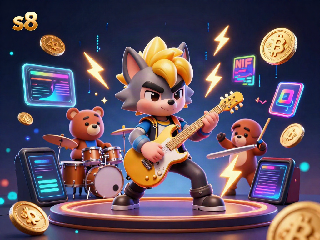 Experience a thrilling s8 casino performance with rock star wolf and drummer bear amidst vivid digital effects.