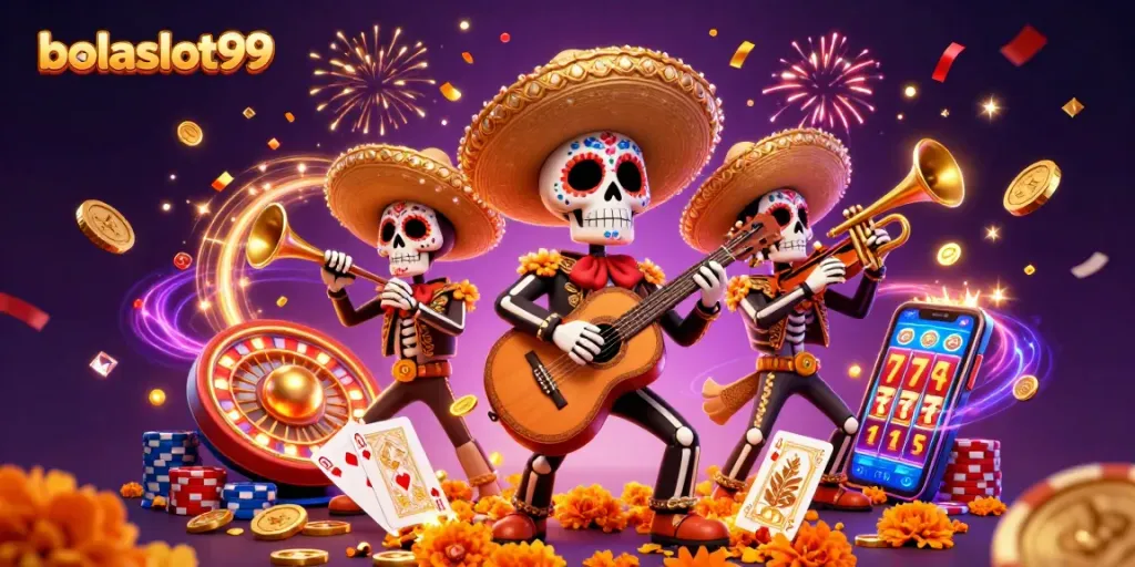 Experience excitement with bolaslot99 as vibrant mariachi skeletons celebrate, surrounded by shimmering casino elements.