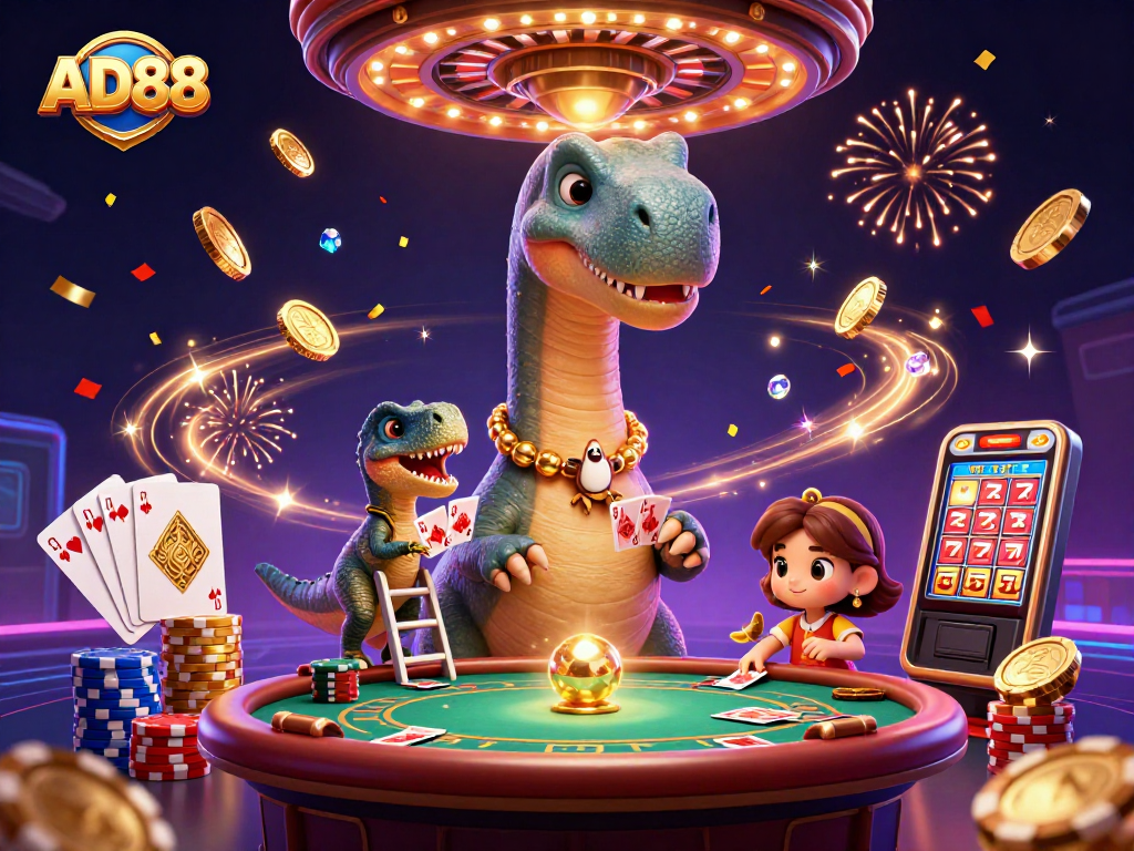 Experience big wins at AD88 with a whimsical casino scene featuring a dinosaur and raptor dealers.