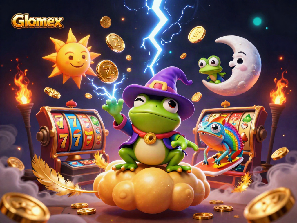 Experience Glomex's lively slots action with a wizard frog and chameleon amidst golden coins.