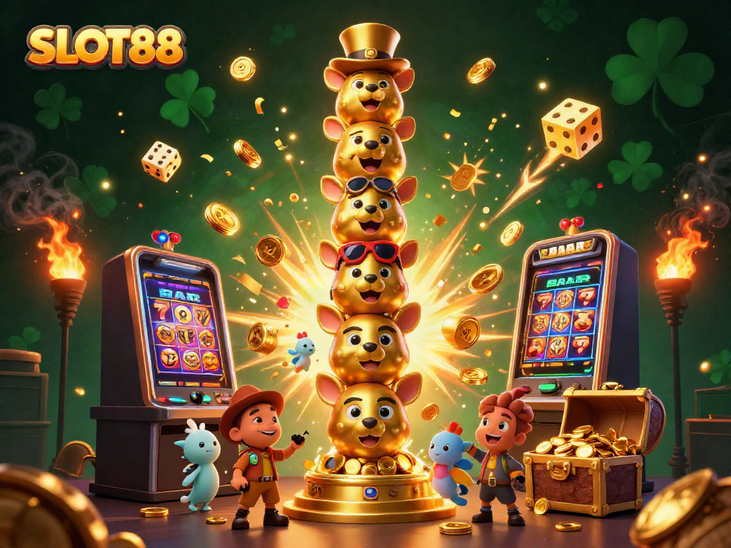 Experience the thrill of SLOT88 with a vibrant 3D cartoon scene featuring exciting casino elements.