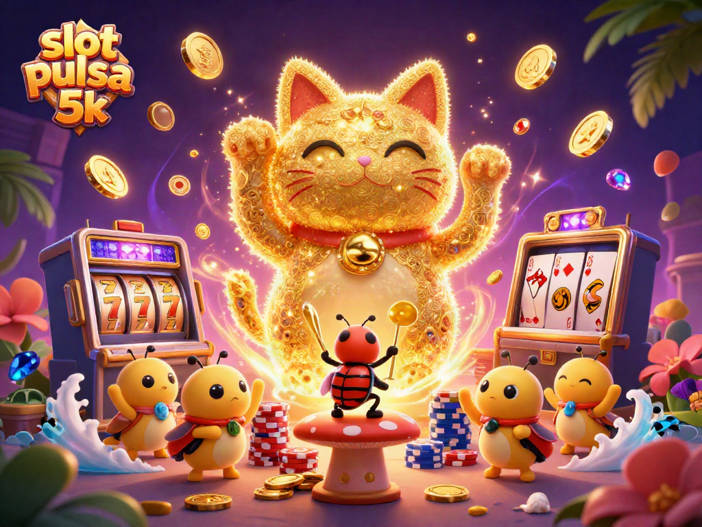 Engage with slot pulsa 5k through dynamic 3D illustration featuring lucky symbols and vibrant casino elements.