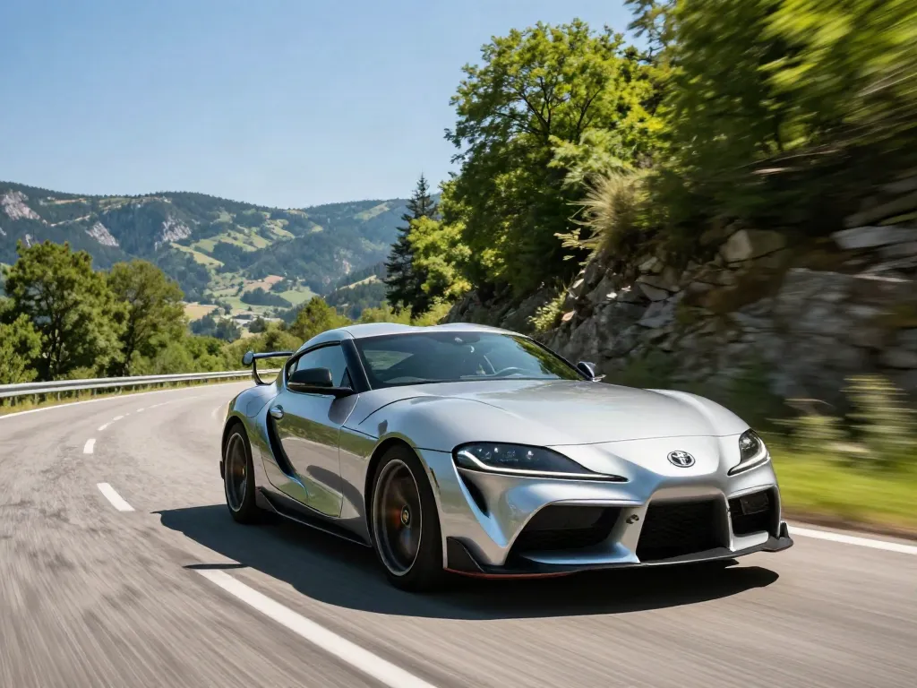A80 platform in action with a Toyota Supra driving on a scenic mountain road