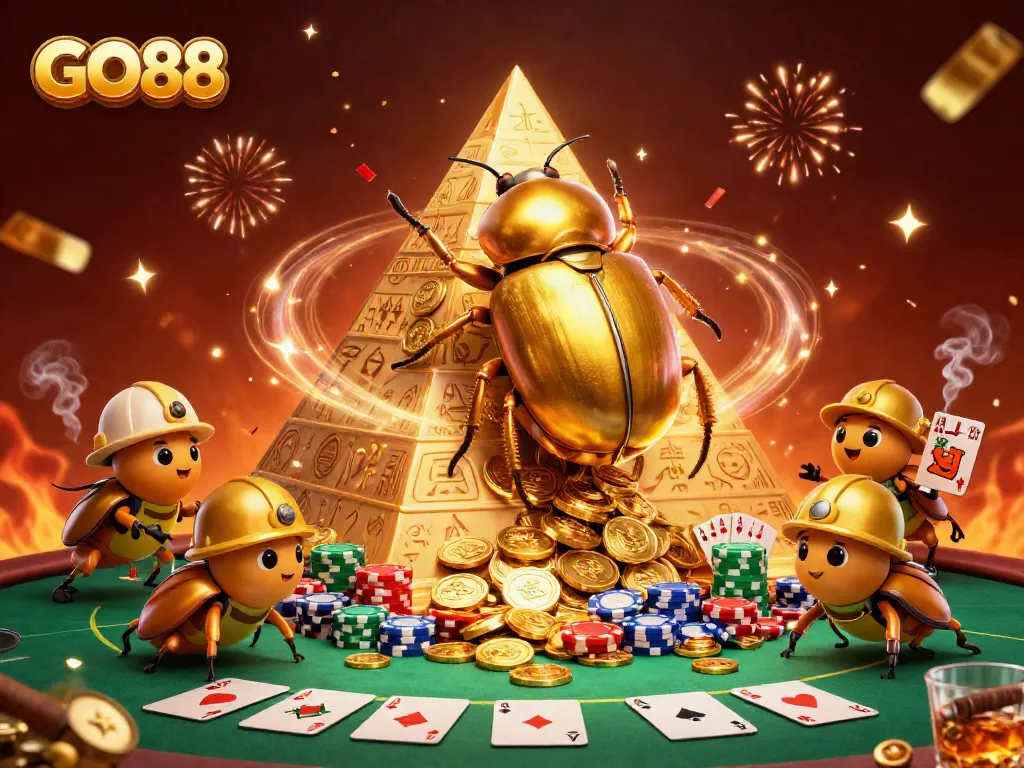 Experience GO88 as golden dung beetles roll coins in an exciting casino-inspired scene