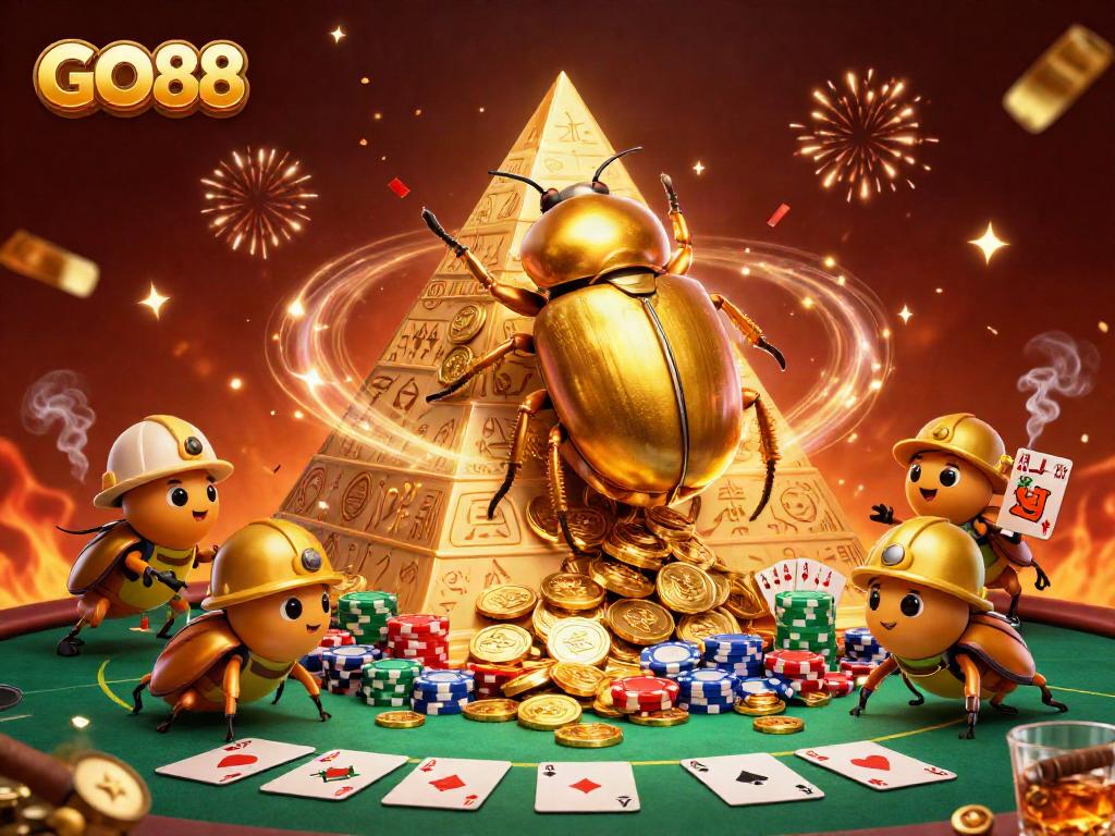 Experience GO88 as golden dung beetles roll coins in an exciting casino-inspired scene