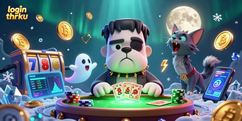 Engage with login thrku at a vibrant casino scene featuring characters and crypto elements.