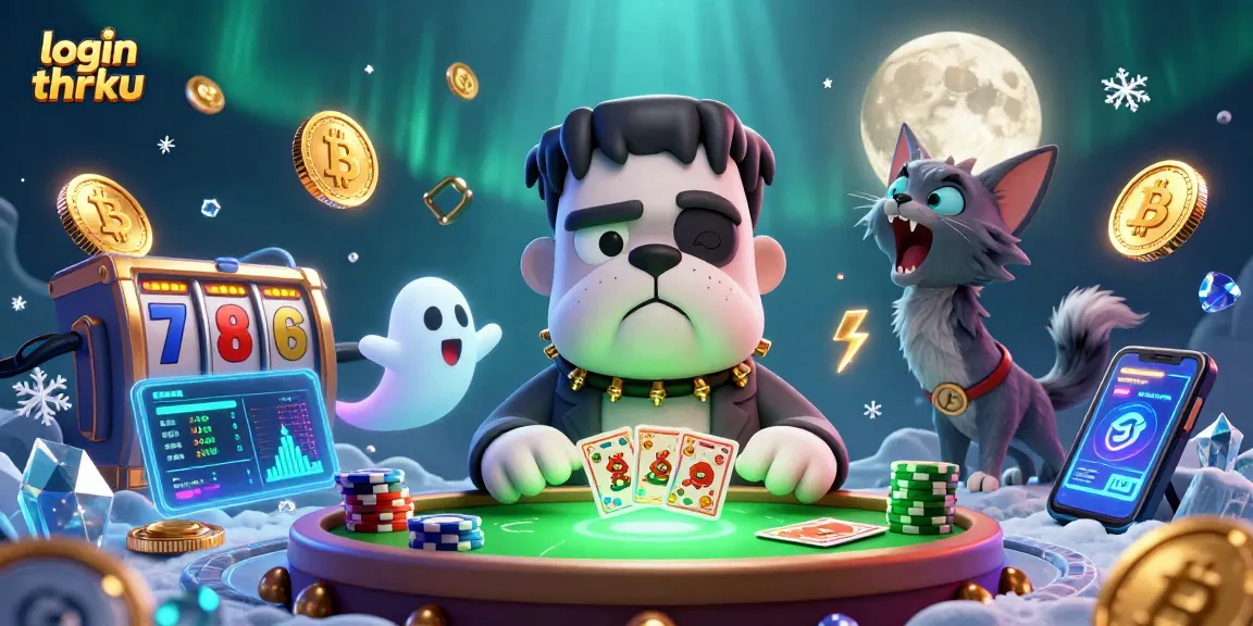 Engage with login thrku at a vibrant casino scene featuring characters and crypto elements.