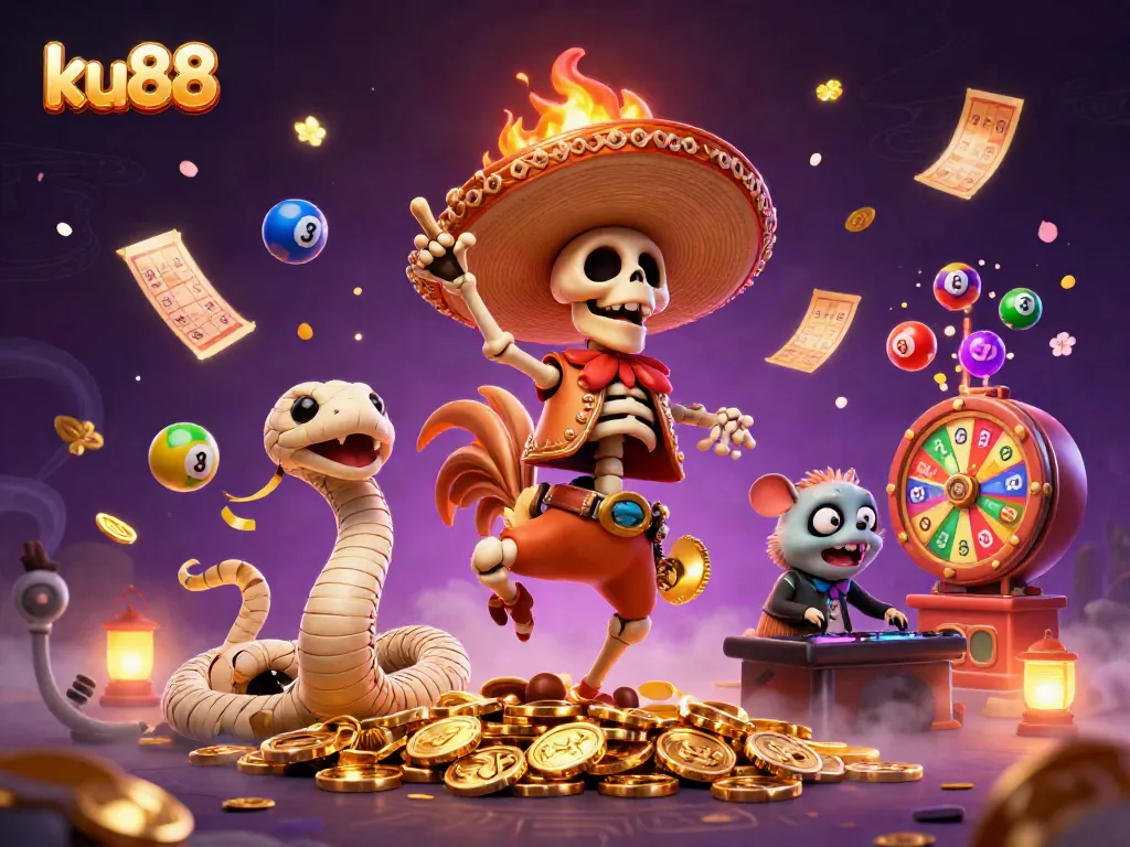ku88 vibrantly showcases a mariachi rooster winning amidst a dynamic casino scene filled with festive lottery elements