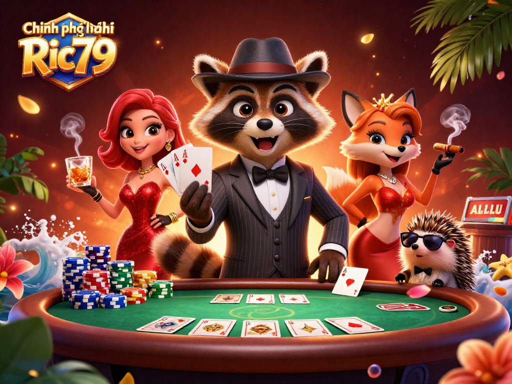 Engage with Chính sách bảo mật Ric79 at a vibrant poker table with lively characters.