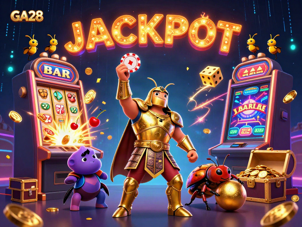 Experience GA28 with a victorious hercules beetle in golden armor amidst a jackpot-filled casino scene.